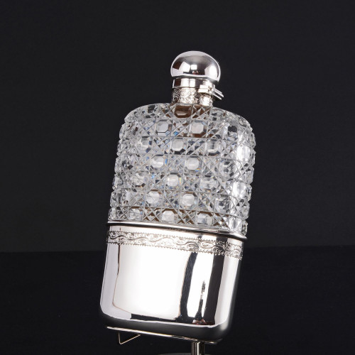 Victorian hobnail-cut glass & sterling silver hip flask