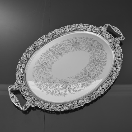 Impressive two-handled Edwardian oval sterling silver serving tray