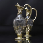 Pair of 1st quality antique French silver-gilt & cut glass wine jugs