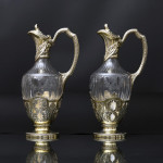 Pair of 1st quality antique French silver-gilt & cut glass wine jugs