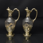 Pair of 1st quality antique French silver-gilt & cut glass wine jugs