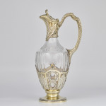 Pair of 1st quality antique French silver-gilt & cut glass wine jugs