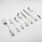 Set of antique hand-forged Fiddle Thread & Husk sterling silver cutlery for 12