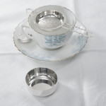 Modern sterling silver tea strainer & drip bowl