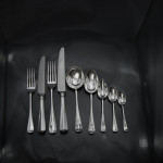 Set of hand-forged 4-prong Rattail pattern sterling silver cutlery for 12 in canteen