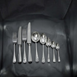 Set of hand-forged 4-prong Rattail pattern sterling silver cutlery for 12 in canteen