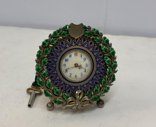 Antique Swiss continental silver & enamel clock