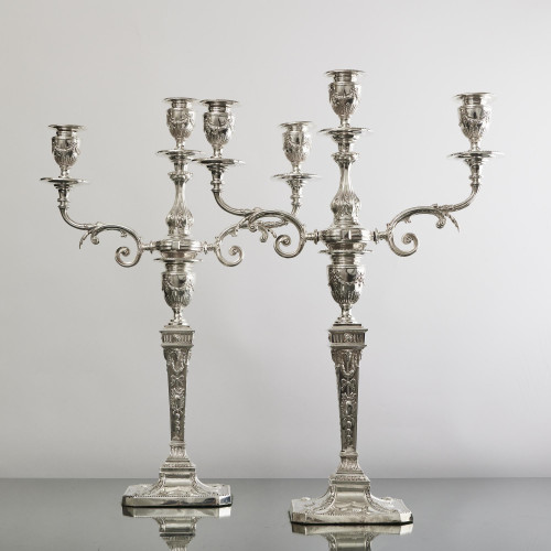 Pair of 2-branch 3-light antique neoclassical-style sterling silver candelabra