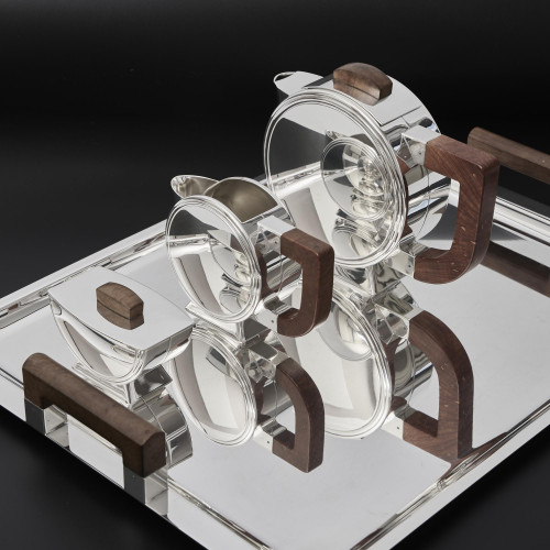 Three-piece French Art Deco style silver-plated tea set & tray