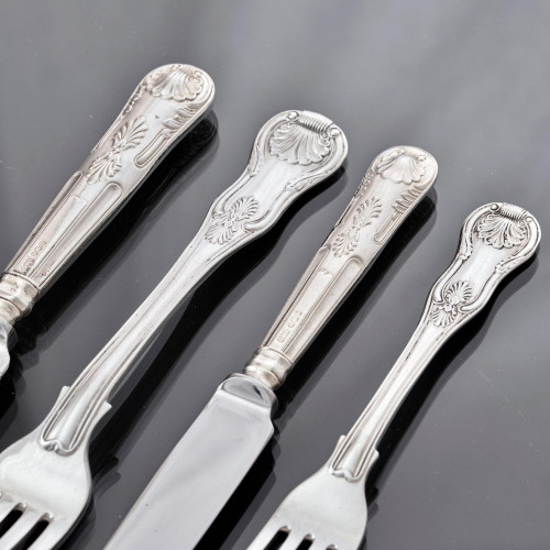 Exceptional set of George III hand-forged one-date-maker King's pattern sterling silver cutlery for 12