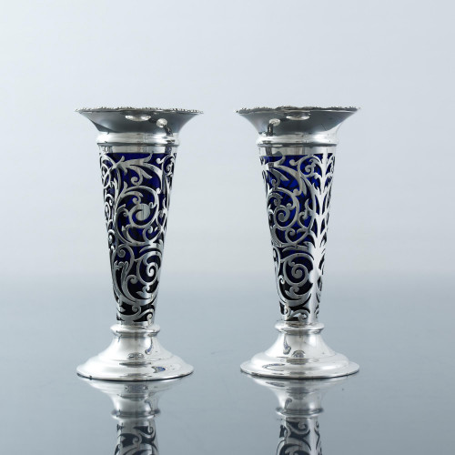 Pair of handmade Edwardian pierced sterling silver vases