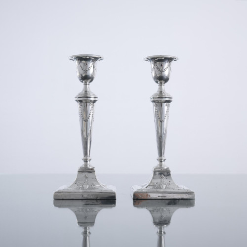Pair of small square-based neoclassical style sterling silver candlesticks