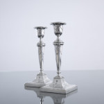 Pair of small square-based neoclassical style sterling silver candlesticks