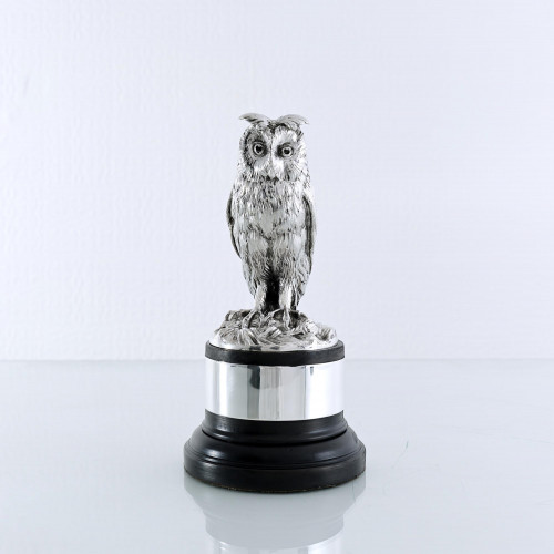 Sterling silver long-eared owl model on an ebonised plinth