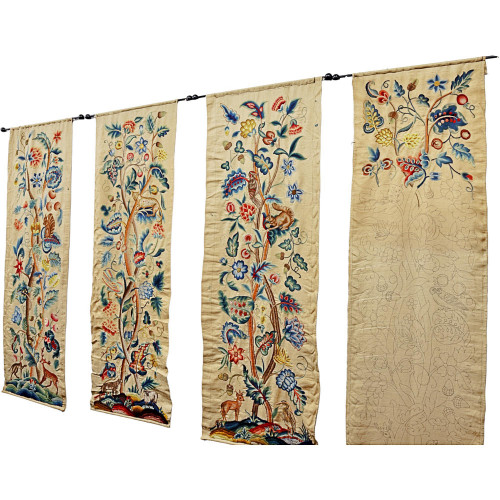 Set of four Crewel work panels and cartoons