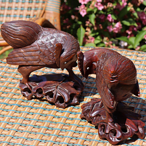 Pair of Chinese carved wood Roosters