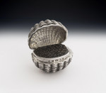 An exceptionally rare Naturalistic clam shell nutmeg grater made in Birmingham in 1863 by Hilliard & Thomason.