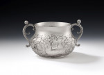 RESTORATION PERIOD.  An important & very rare Charles II Roaring Lion & Running Stag Porringer.  Made in London in 1667, maker's mark of TP, with a rosette & pellets below.