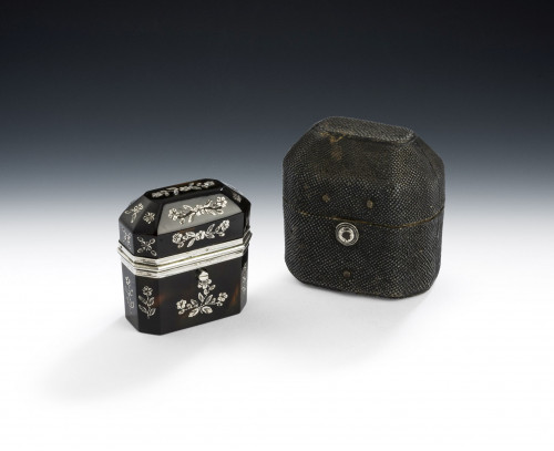 An exceptional George III Tortoiseshell Pique Double Scent Etui, with its original velvet lined shagreen case.  Made, most probably, in London circa 1780.