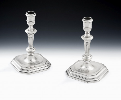 Queen Anne.  A very fine pair of Queen Anne Britannia Standard Cast Candlesticks made in London in 1710 by Jacob Margas.