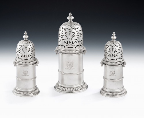 An important set of early Queen Anne Britannia Standard Lighthouse Casters made in London in 1703 by Andrew Raven.