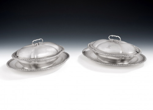 The Royal Silversmith Thomas Heming.  A very unusual pair of early George III Covered Sauce Tureens, with their original stands.  Made in London in 1765 by Thomas Heming.