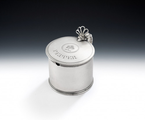 A George III Drum Mustard Pot, unusually engraved for Pepper.  Made in London circa 1775 by William Lestourgeon.