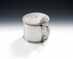 A George III Drum Mustard Pot, unusually engraved for Pepper.  Made in London circa 1775 by William Lestourgeon.