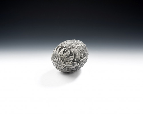 A very rare Naturalistic "Strawberry" Nutmeg Grater made in Birmingham in 1859 by Hilliard & Thomason.