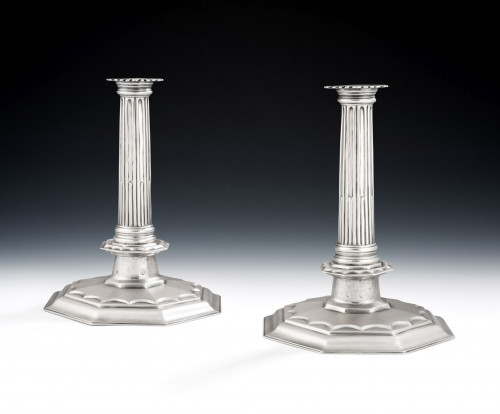 James II.  An important pair of James II Candlesticks made in London in 1686, maker's mark of TD in script, for Thomas Dymock.