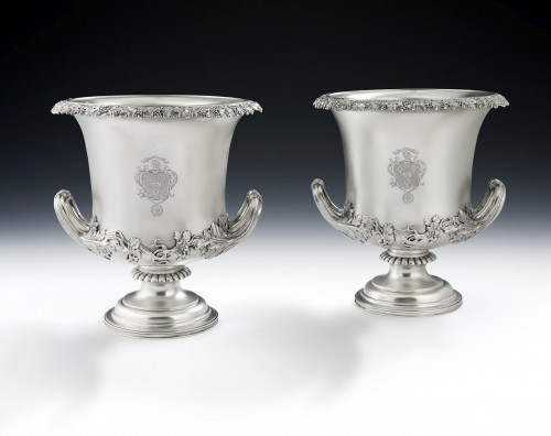 The Kinloch Wine Coolers.  An unusual pair of George IV Trailing Vine Wine Coolers made in London in 1827 by William Eley II.