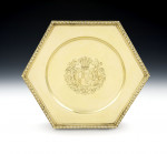 An important set of six Queen Anne Britannia Standard Silver Gilt Hexagonal Salvers.  Made in London in 1704 by David Willaume.