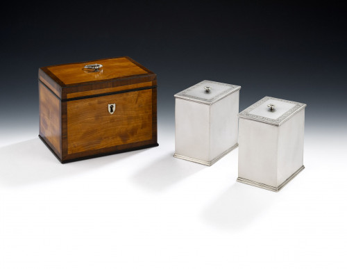 An unusual pair of early George III Tea Caddies, in the original satinwood case.  Made in London in 1770 by Samuel White.