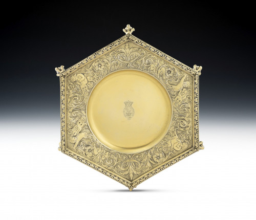 ROYAL - An important George IV Silver Gilt Hexagonal Salver made in London in 1825 by Edward Farrell.