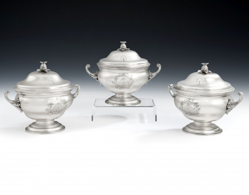 A very unusual set of three George III Sauce Tureens and covers made in London in 1771 by Robert Cox.