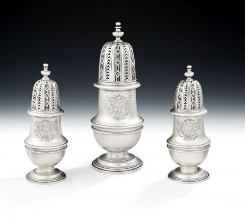 Pierre Platel.  A set of three early George I Britannia Standard Graduated Casters made in London in 1715 by Pierre Platel.