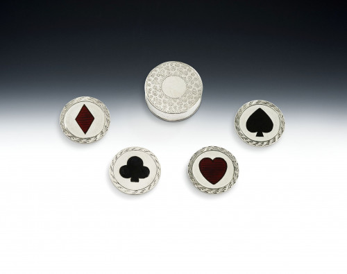 An extremely rare George III Counter box and four counters made in Birmingham in 1793 by Joseph Willmore.