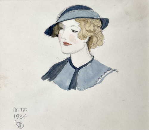 Joseph Southall - Girl in a Blue Hat