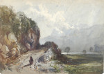 Figures on a road with a lake and mountains beyond (probably Snowdon from Llyn Padarn)