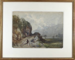 Figures on a road with a lake and mountains beyond (probably Snowdon from Llyn Padarn)