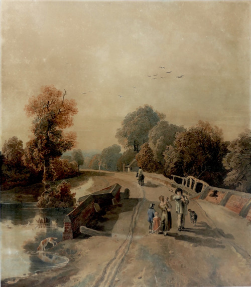 A road scene, with bridge and figures