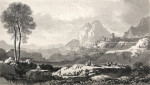 Classical landscape with figures, sheep, mountains and village