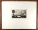 Classical landscape with figures, sheep, mountains and village