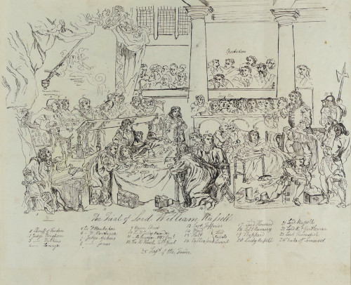 The Trial of Lord William Russell (key to the painting by Sir George Hayter), Napoleon at the Siege of St Jean d'Acre 1799 and caricatures of Rev Dr P Springer (A fiddle DD) and Gentle Cloe, verso.