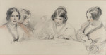 Four Women: Reading, Writing, Knitting, Watching.