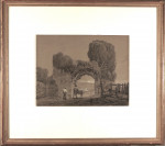 Herdsman with a Cow beneath a Ruined Gothic arch in an Evening Landscape