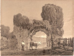 Herdsman with a Cow beneath a Ruined Gothic arch in an Evening Landscape