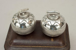 Antique Pair Of Curling Salt And Pepper Pots Curling Stones in Silver Plate in Leather Case