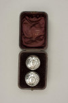 Antique Pair Of Curling Salt And Pepper Pots Curling Stones in Silver Plate in Leather Case