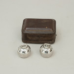 Antique Pair Of Curling Salt And Pepper Pots Curling Stones in Silver Plate in Leather Case